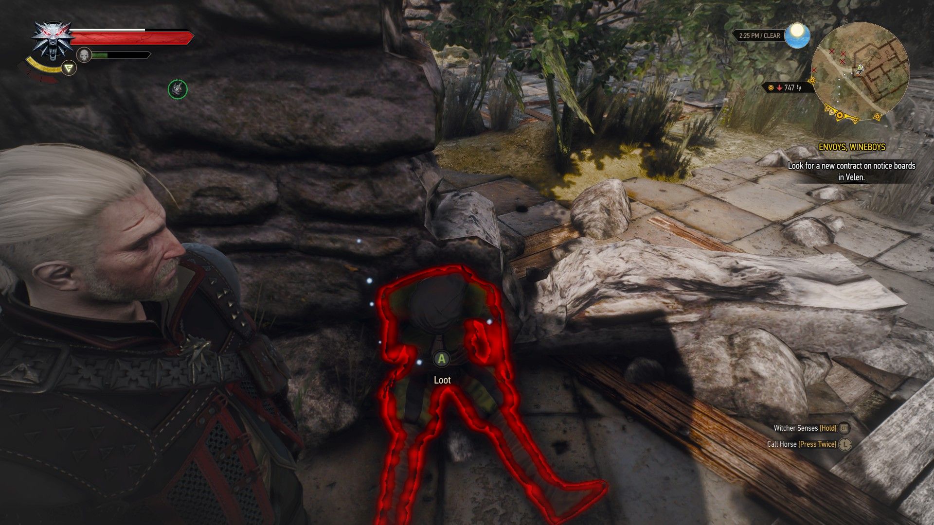 A screenshot of Geralt standing over a corpse with a red outline on it.