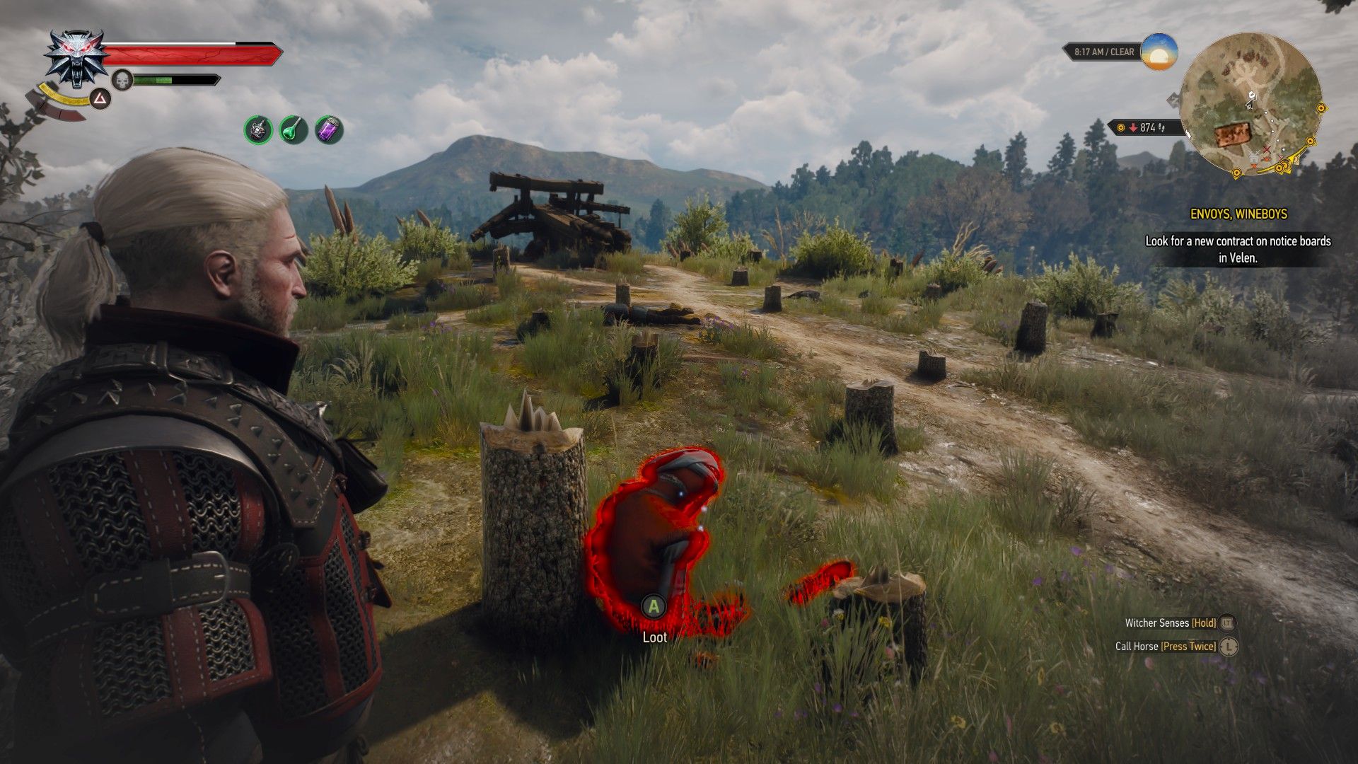 A screenshot of Geralt standing over a corpse with his Witcher Senses highlighting a body in red.