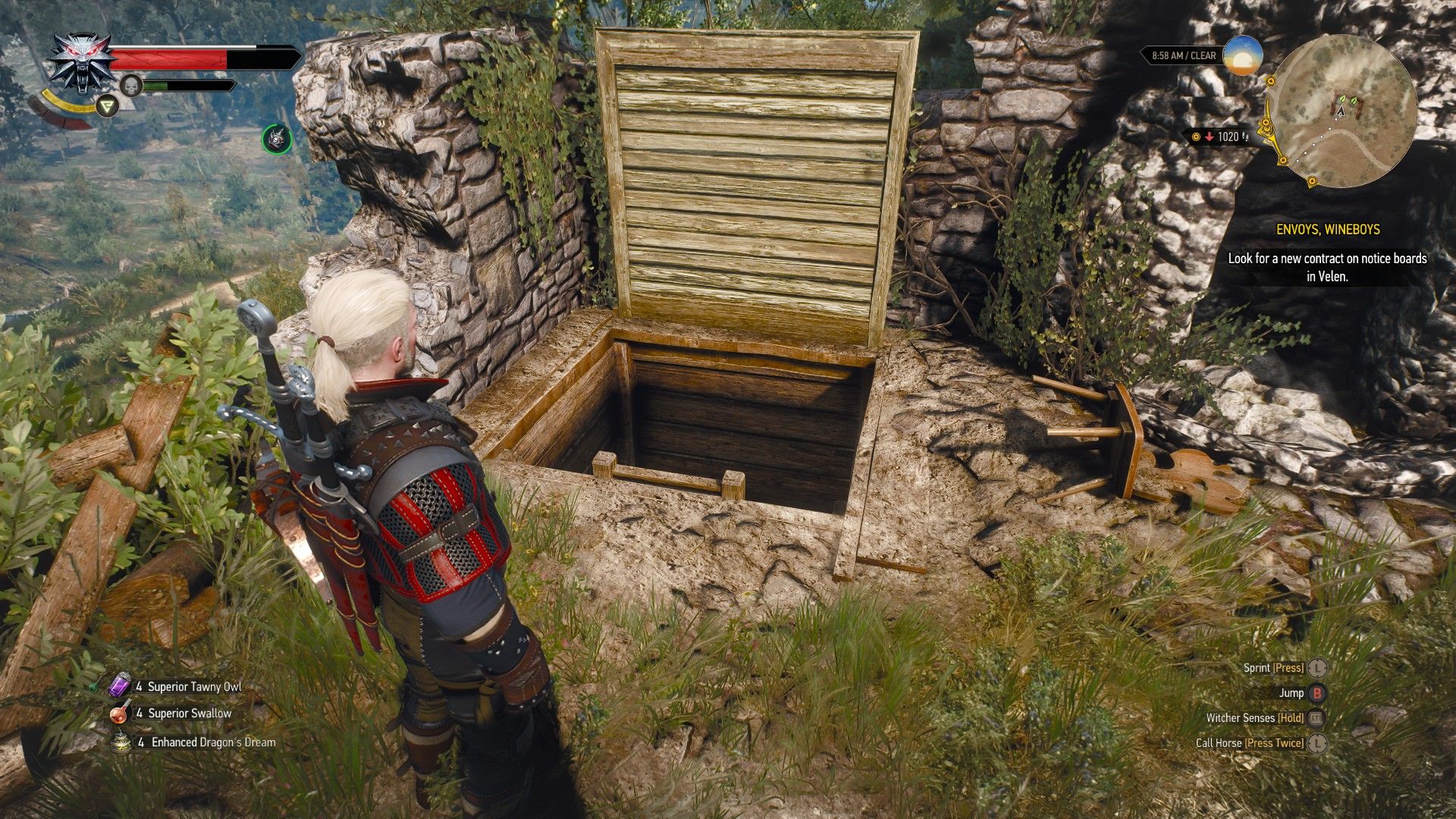 A screenshot of Geralt standing outside a trapdoor in The Witcher 3.