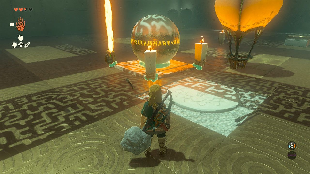 Link attaches the big ball to the platform to catch the balloons