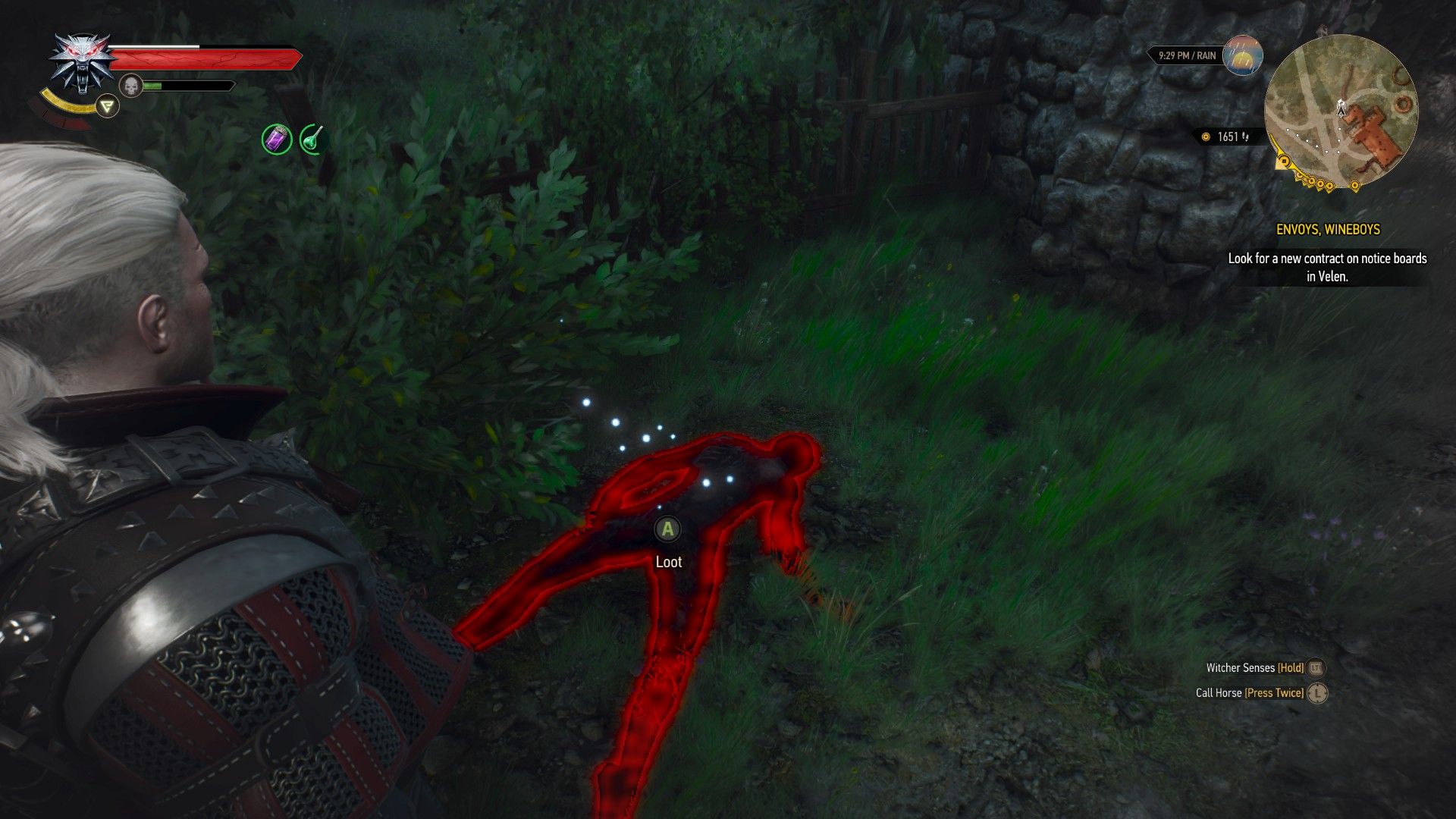 A screenshot of Geralt looking at a corpse laying in grass and outlined in red with his Witcher Senses.