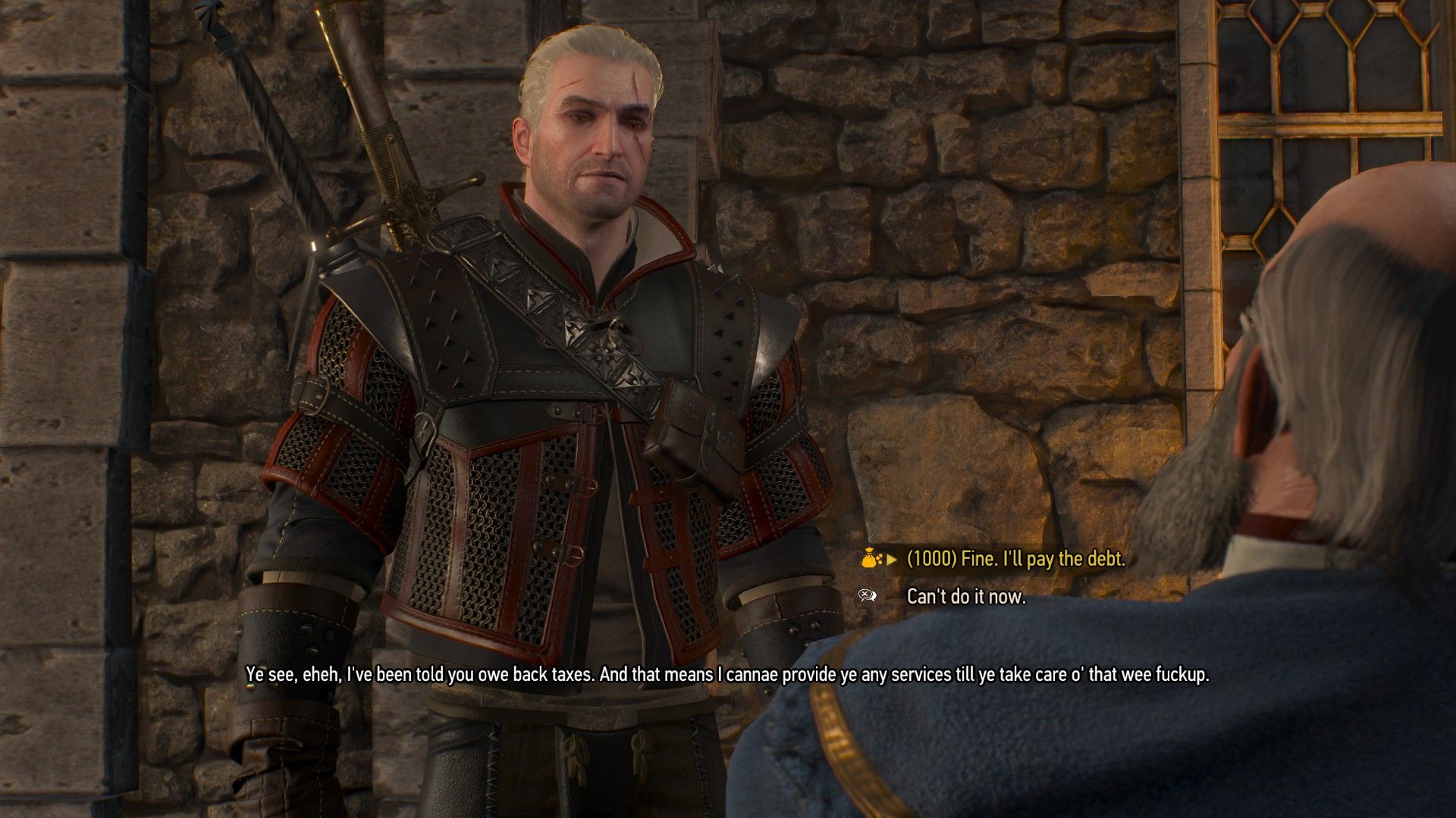 Screenshot of The Witcher 3 dialogue menu with Geralt paying taxes option selected.