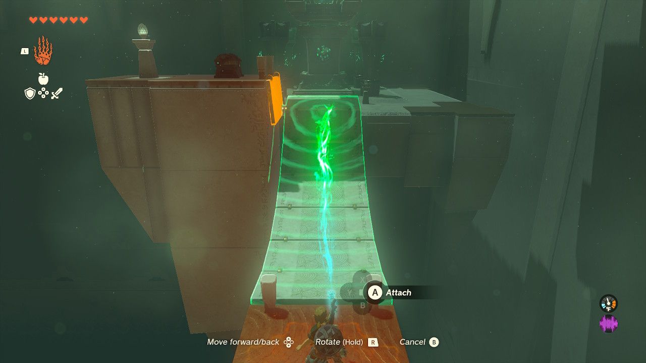 Link bends the bridge to reach the chest at the end of the shrine in Legend of Zelda: Tears of the Kingdom