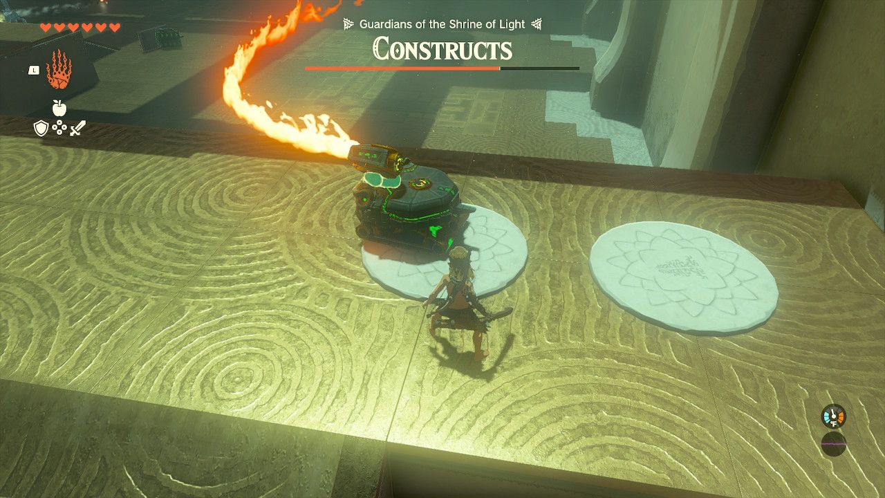 Link attaches a flamethrower flamethrower to a friendly robot