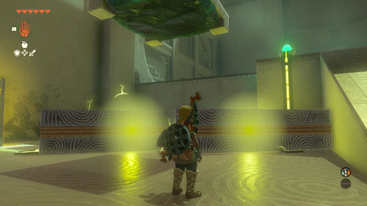 Link places two metal rods together to complete an electrical circuit in The Legend of Zelda: Tears of the Realm.