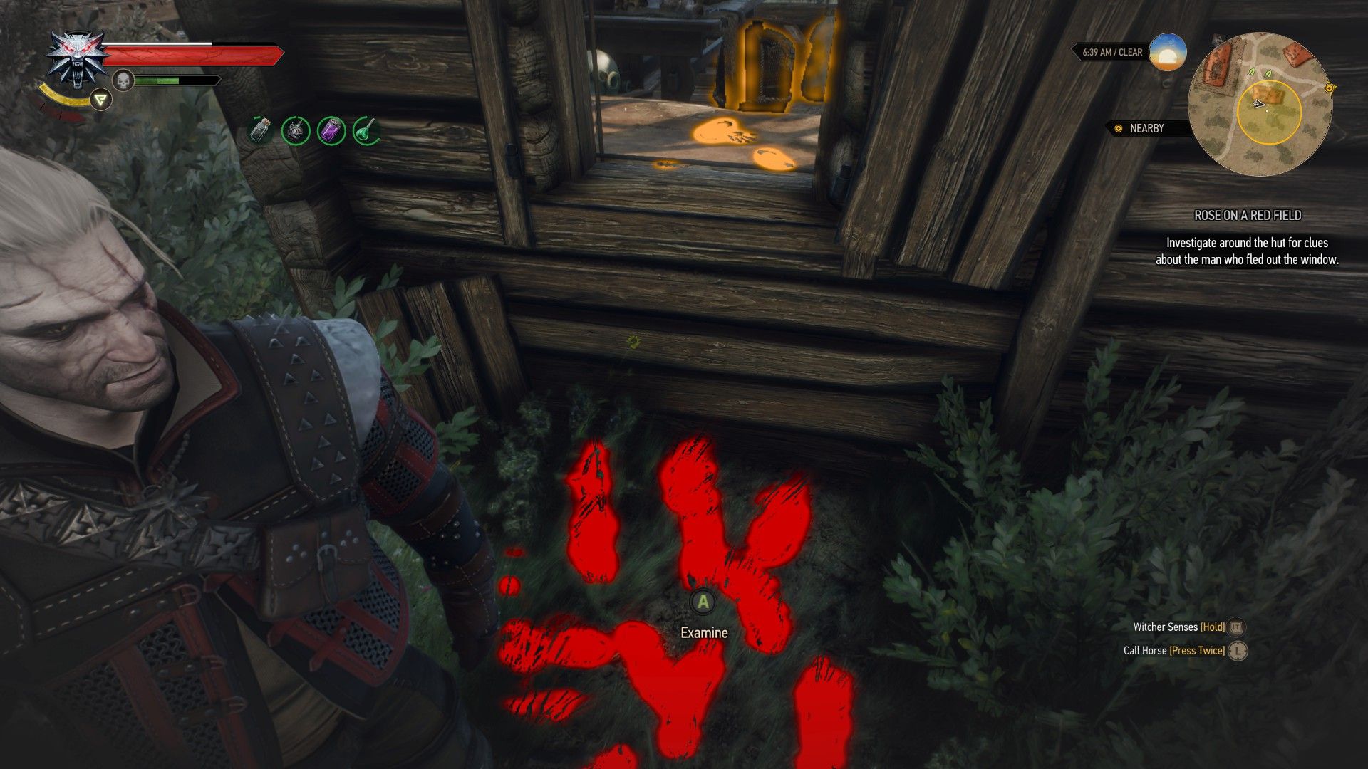 A screenshot of Geralt standing by a window with his Witcher Senses highlighting a set of footprints,