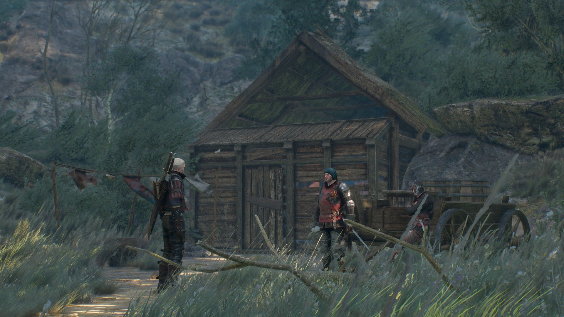 A screenshot of Geralt confronting a guard outside a shack.