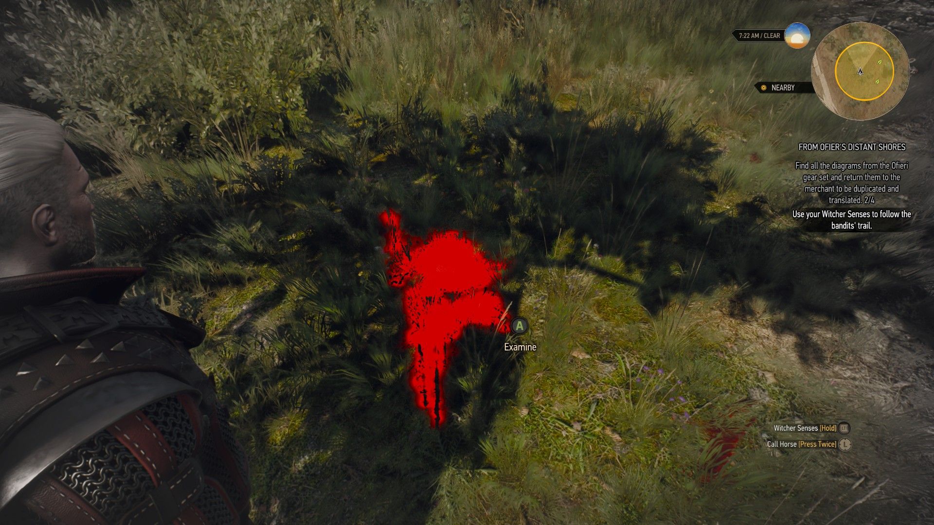 A screenshot of Geralt&rsquo;s Witcher Senses highlighting a puddle of blood in some grass.