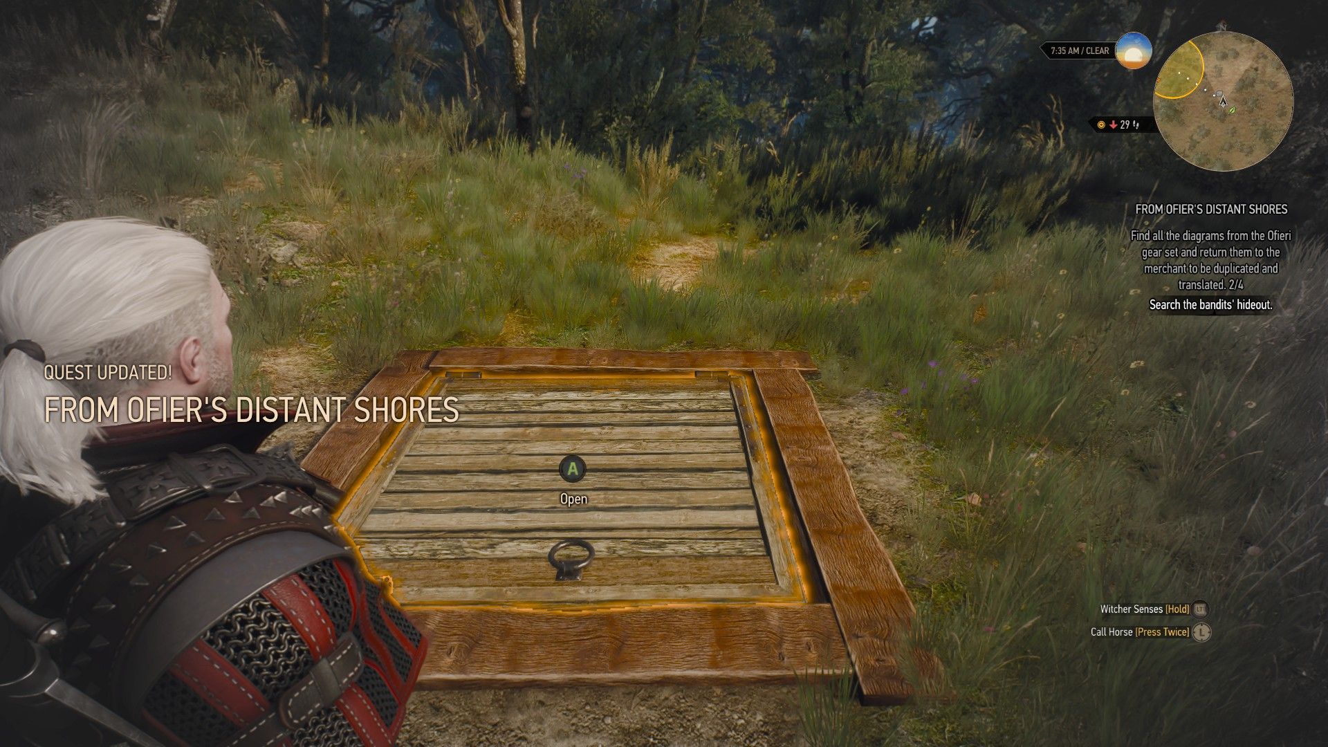 A screenshot of Geralt looking at an uncovered trapdoor in The Witcher 3.