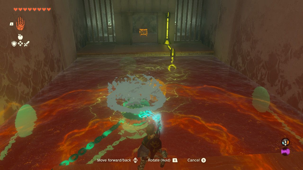 Link pulls a metal ball on a chain with his Ultrahand to control the current.