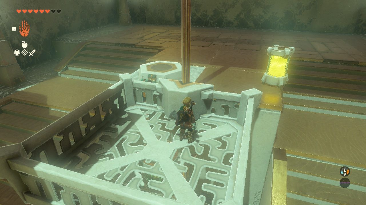 Jump on the elevator before Link moves the battery into place
