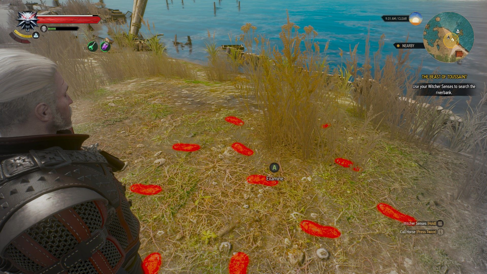 Screenshot of Geralt's Witcher Senses. A series of footprints beside the river are highlighted in red.