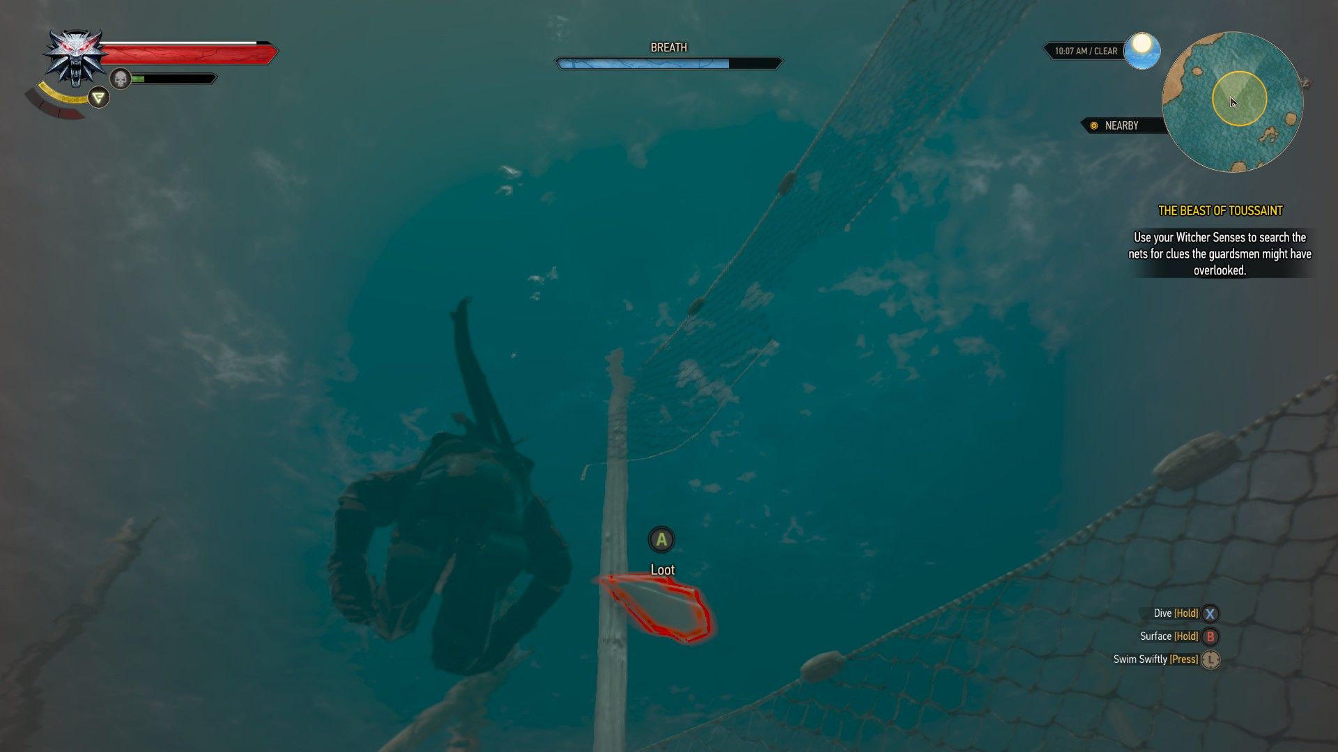 A screenshot of Geralt swimming in the water next to a handkerchief, highlighted in red.