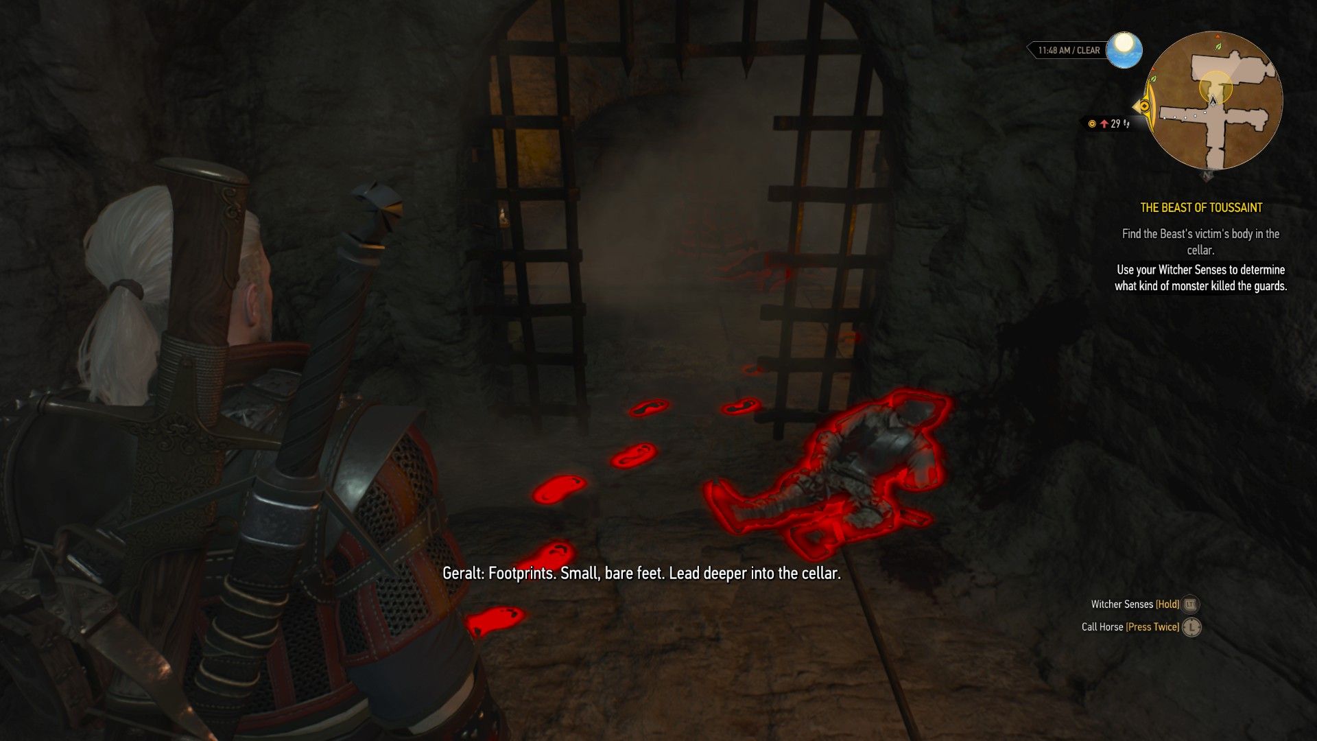 A screenshot of Geralt looking at a series of footprints next to a mutilated corpse in the basement.