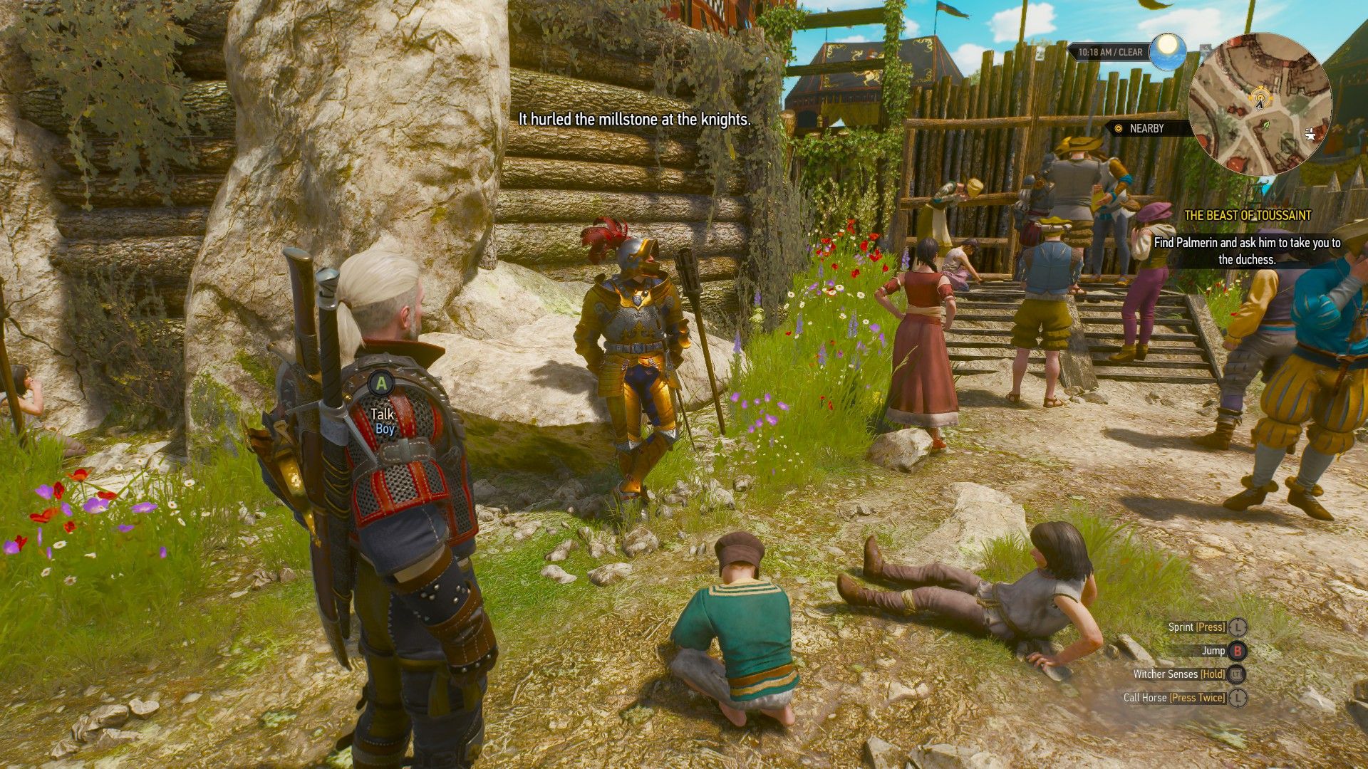 A screenshot of Geralt listening to a knight talking to children.