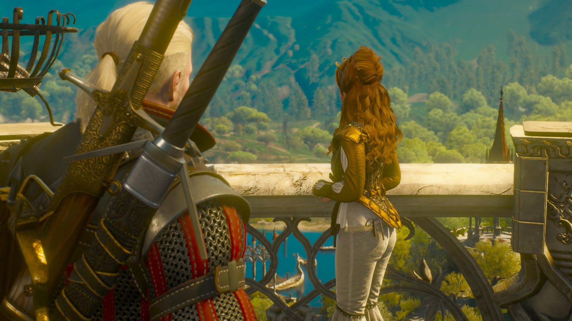 Geralt follows the Duchess to the balcony as she explains the treasure hunt.