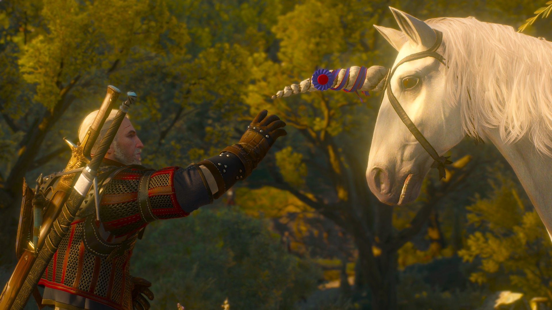 Geralt reaches for the horn taped to Toussaint's horse's forehead.