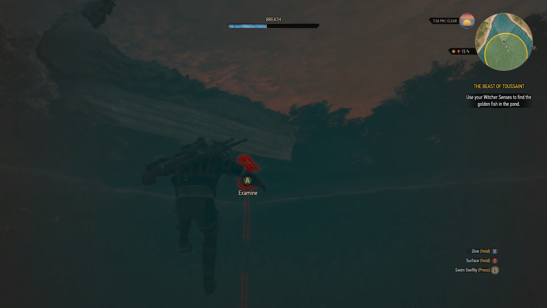 A screenshot of Geralt swimming next to a golden fish, highlighted in red for his witcher senses.