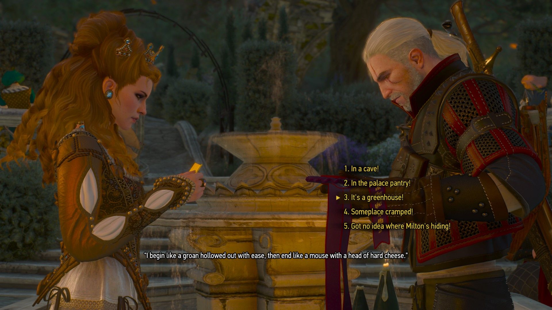 A screenshot of Geralt and Annalietta solving a mystery. There are five options for him that the player can choose from.