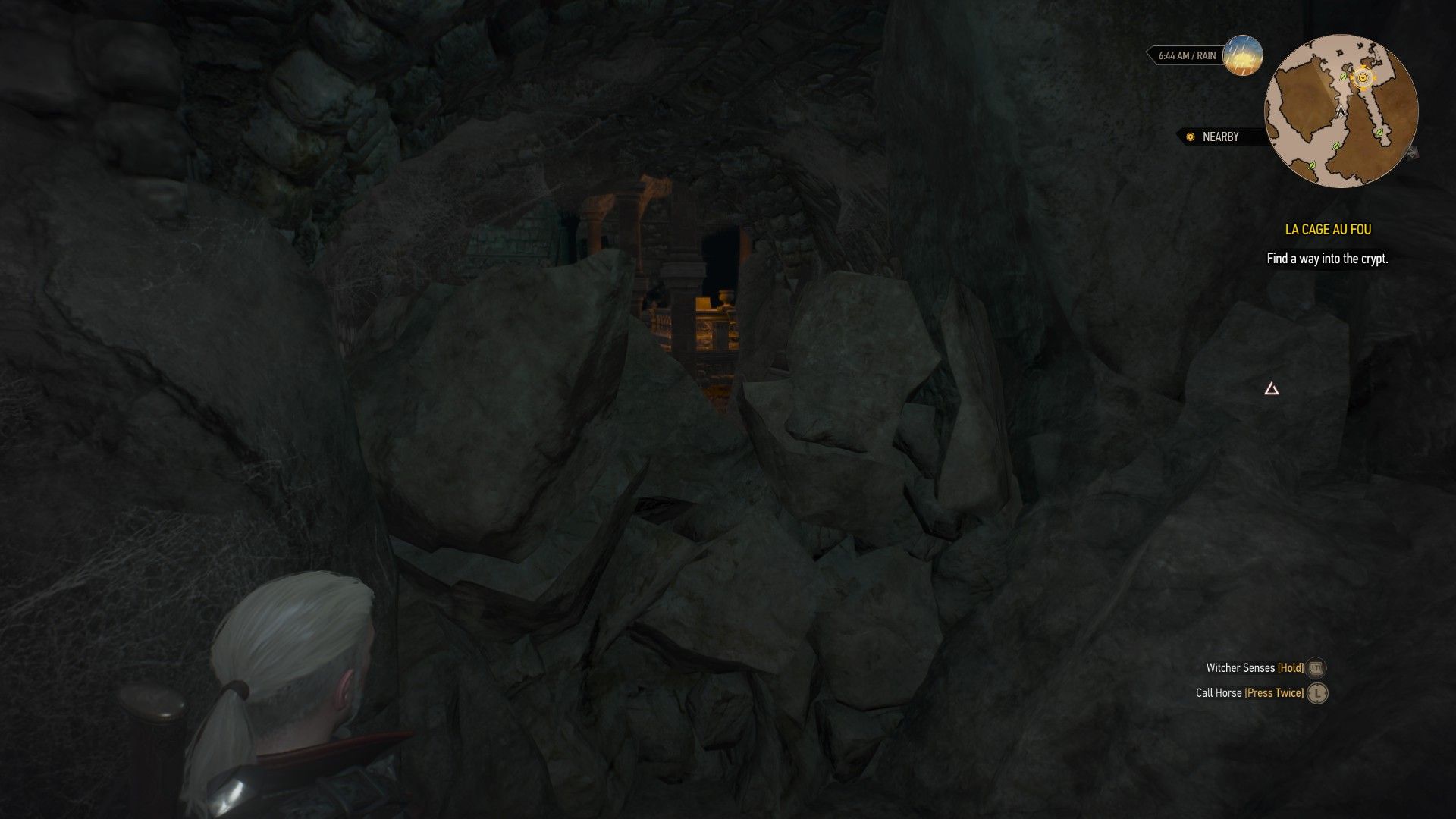 A screenshot of Geralt standing inside a cave with a pile of rocks blocking his path.