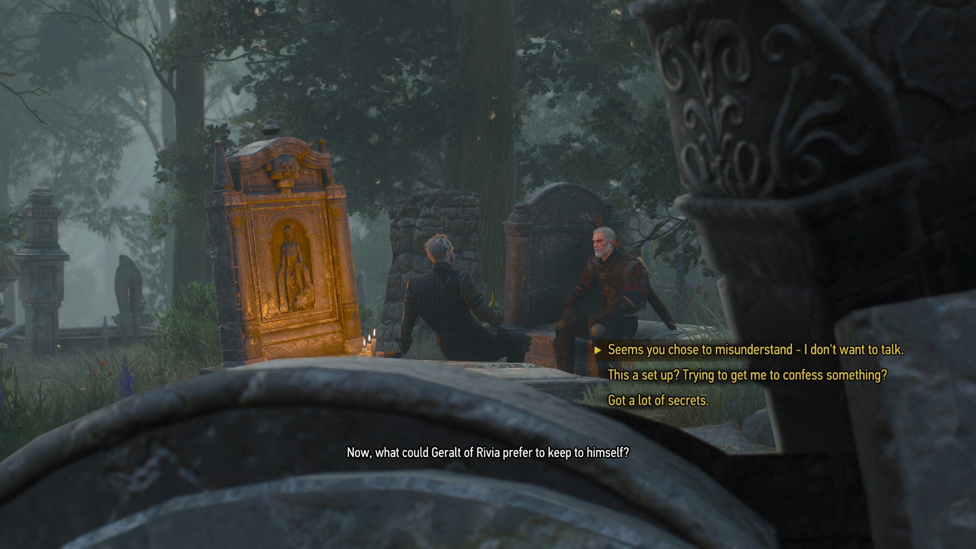 Screenshot of Geralt and Regis conversing in the graveyard with conversation options displayed.