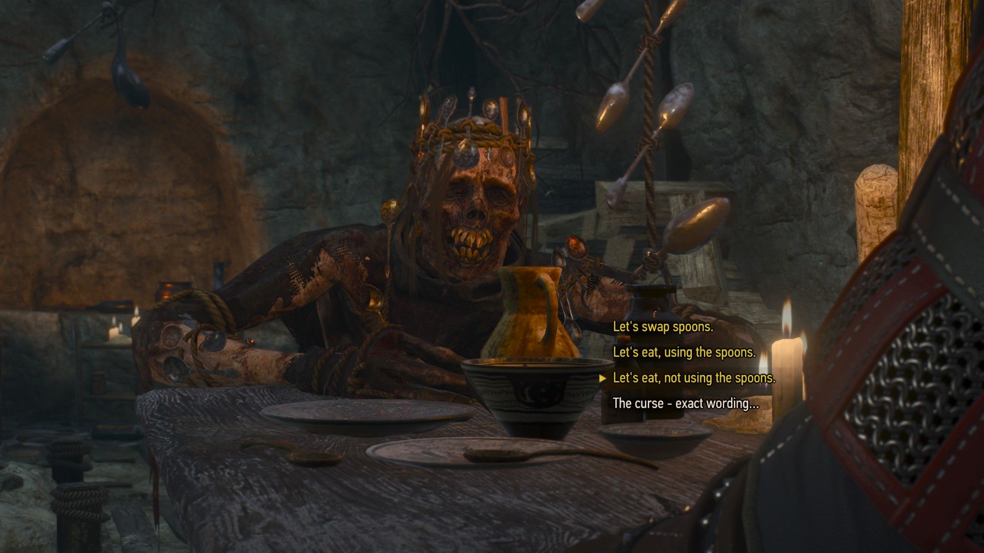 Screenshot from The Witcher 3 showing dialogue options to help a wight.