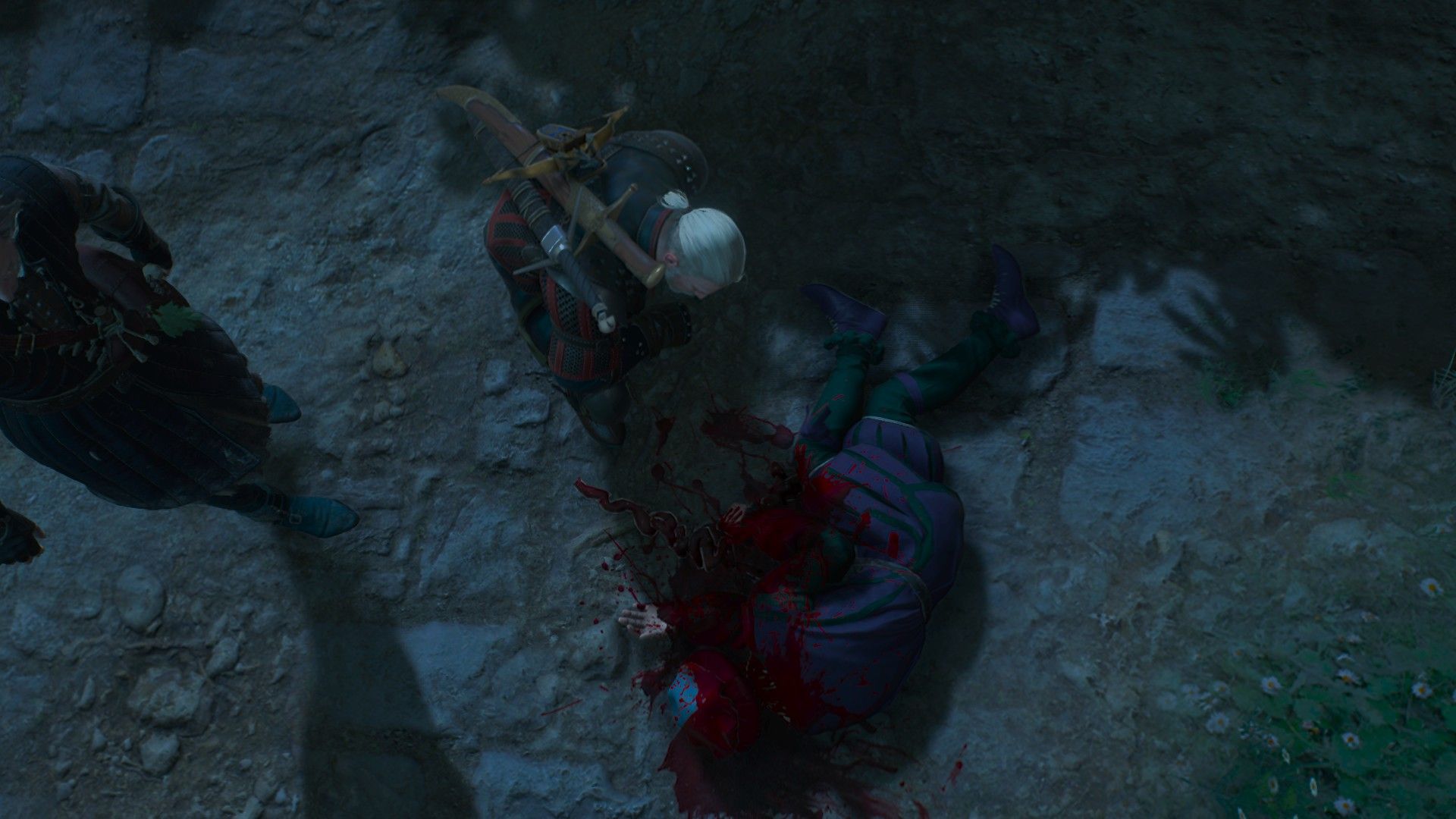 Screenshot of Geralt and Regis kneeling next to a dead body at night.