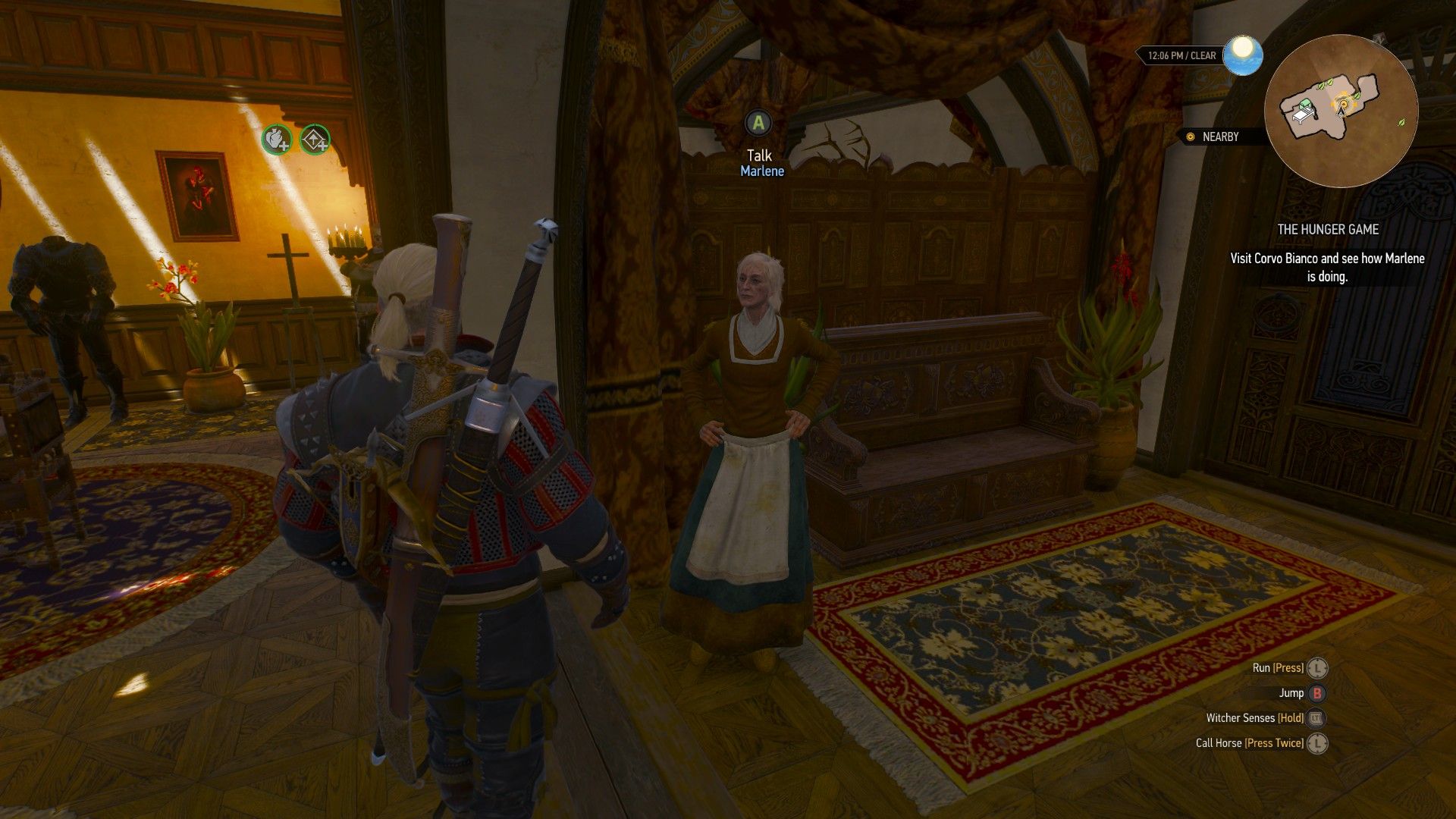 An old woman greets Geralt in his home after recovering from a curse in The Witcher 3.