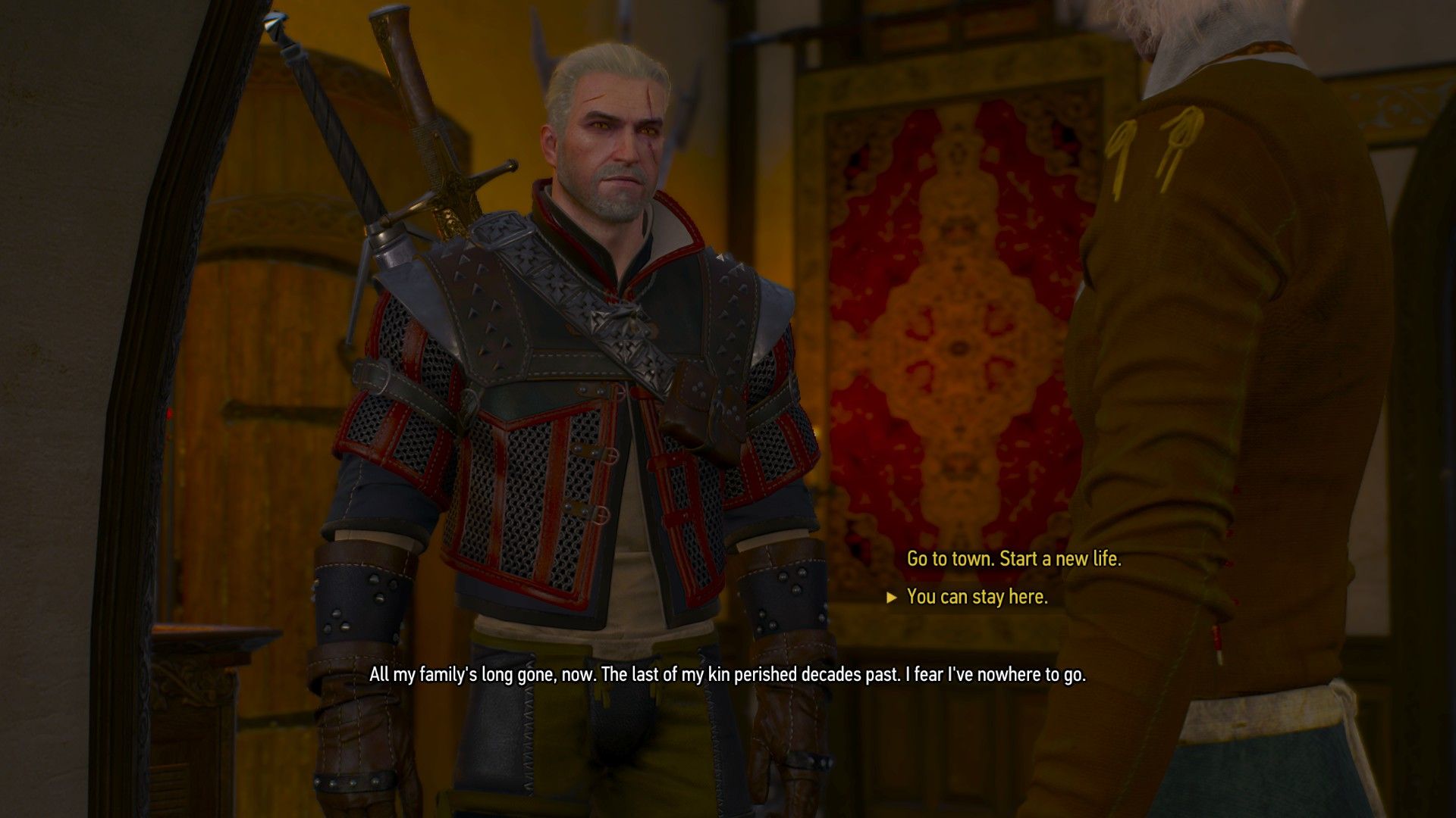 A screenshot of The Witcher 3's dialogue options with two crucial options displayed.