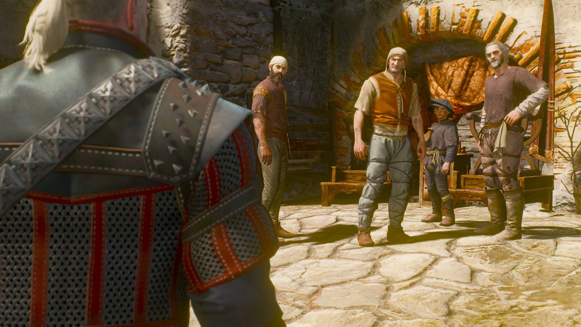 A screenshot of Geralt facing off against a trio of men hunting down a boy in Beauclair.