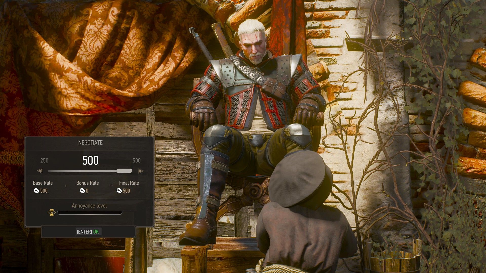 Screenshot of The Witcher 3's Negotiations menu, as seen when Geralt is talking to Bootblack.