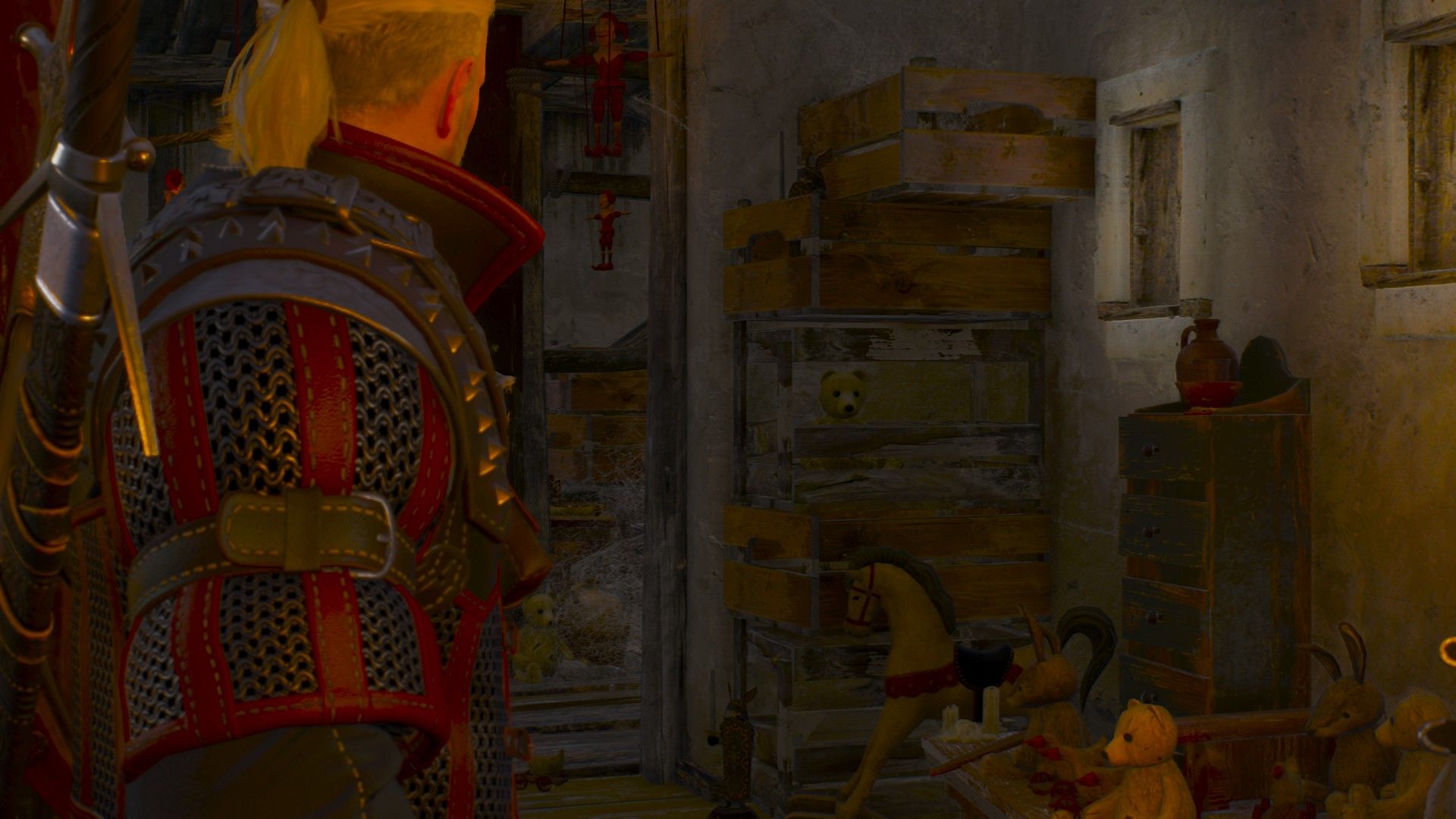 A screenshot of Geralt standing in a building full of toys, staring at a rocking horse.