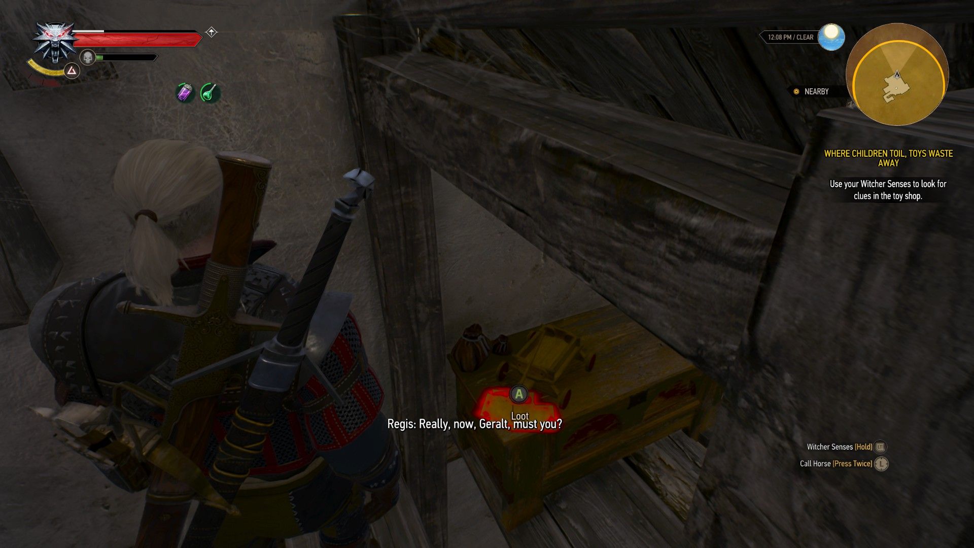 A screenshot of Geralt's Witcher Senses highlighting a stack of letters on a countertop in a cramped room.