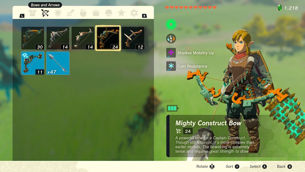 bow item menu link mighty construct hold bow
