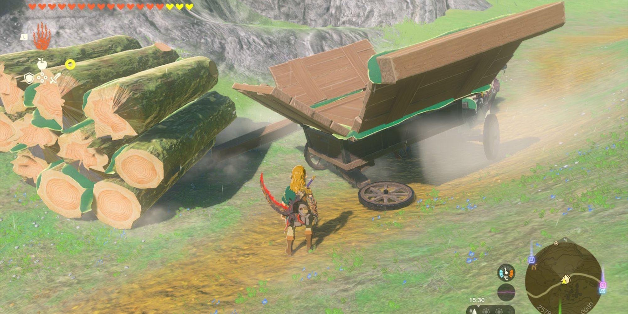 Zelda Tears Of The Kingdom Wagon with wheel snapped off and a pile of logs