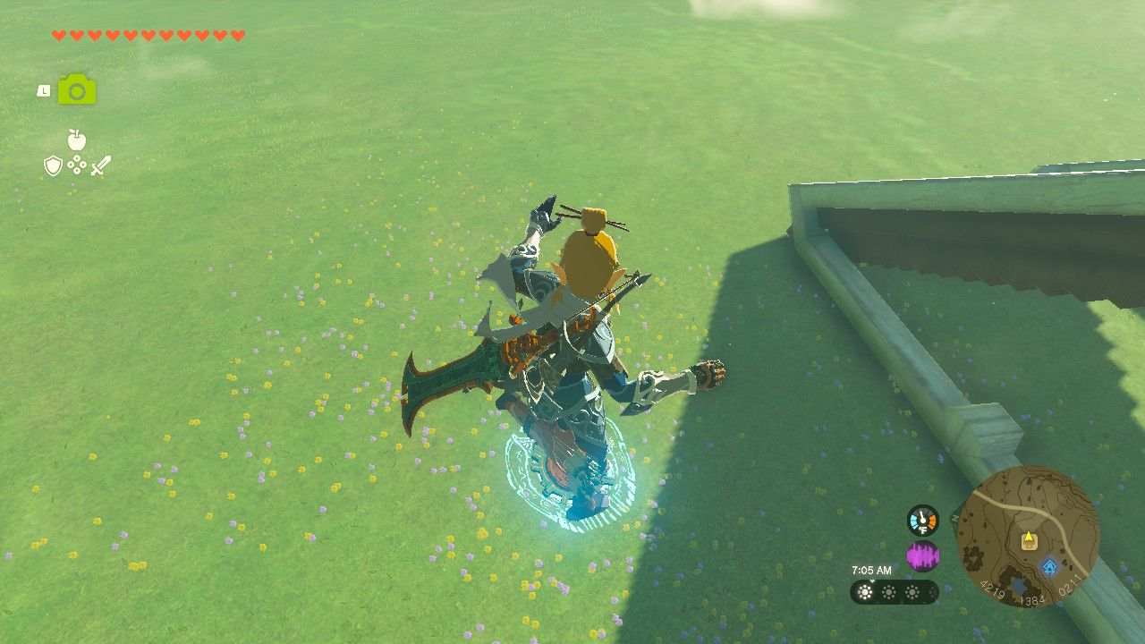 Link jumps out of the house and uses Shield Surf on the item duplication bug