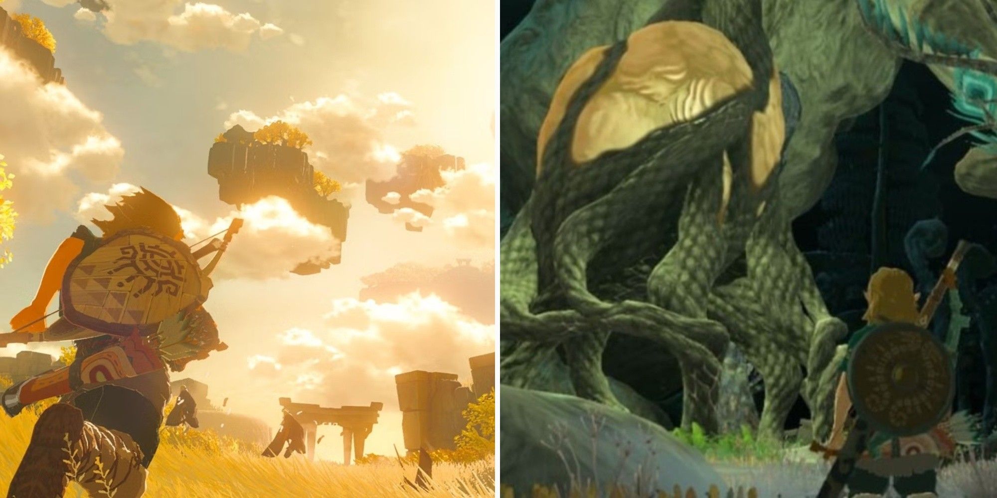 Link exploring sky islands and the depths caverns in The Legend of Zelda Tears of the Kingdom