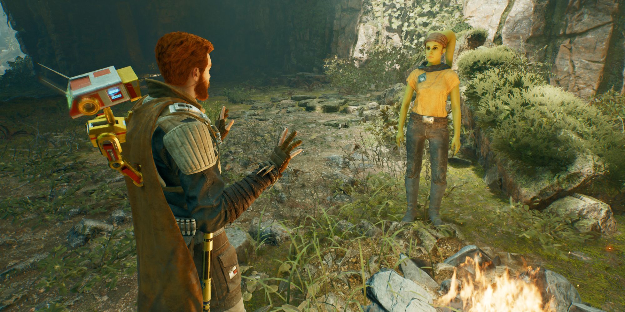 Cal speaks to Toa in the forest by a campfire, with BD-1 on his shoulder