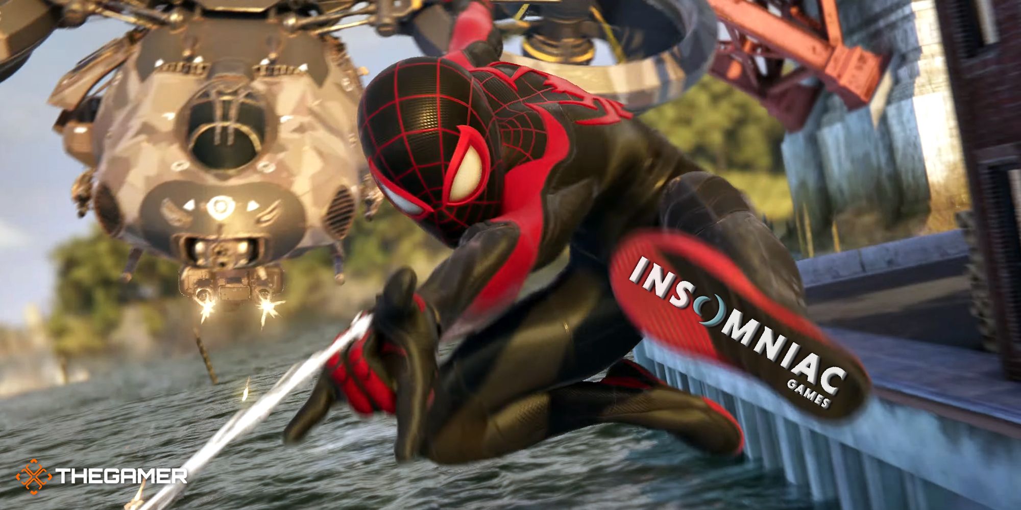 Miles Morales in his suit swinging with a helicopter behind him and the Insomniac logo emblazoned on his foot