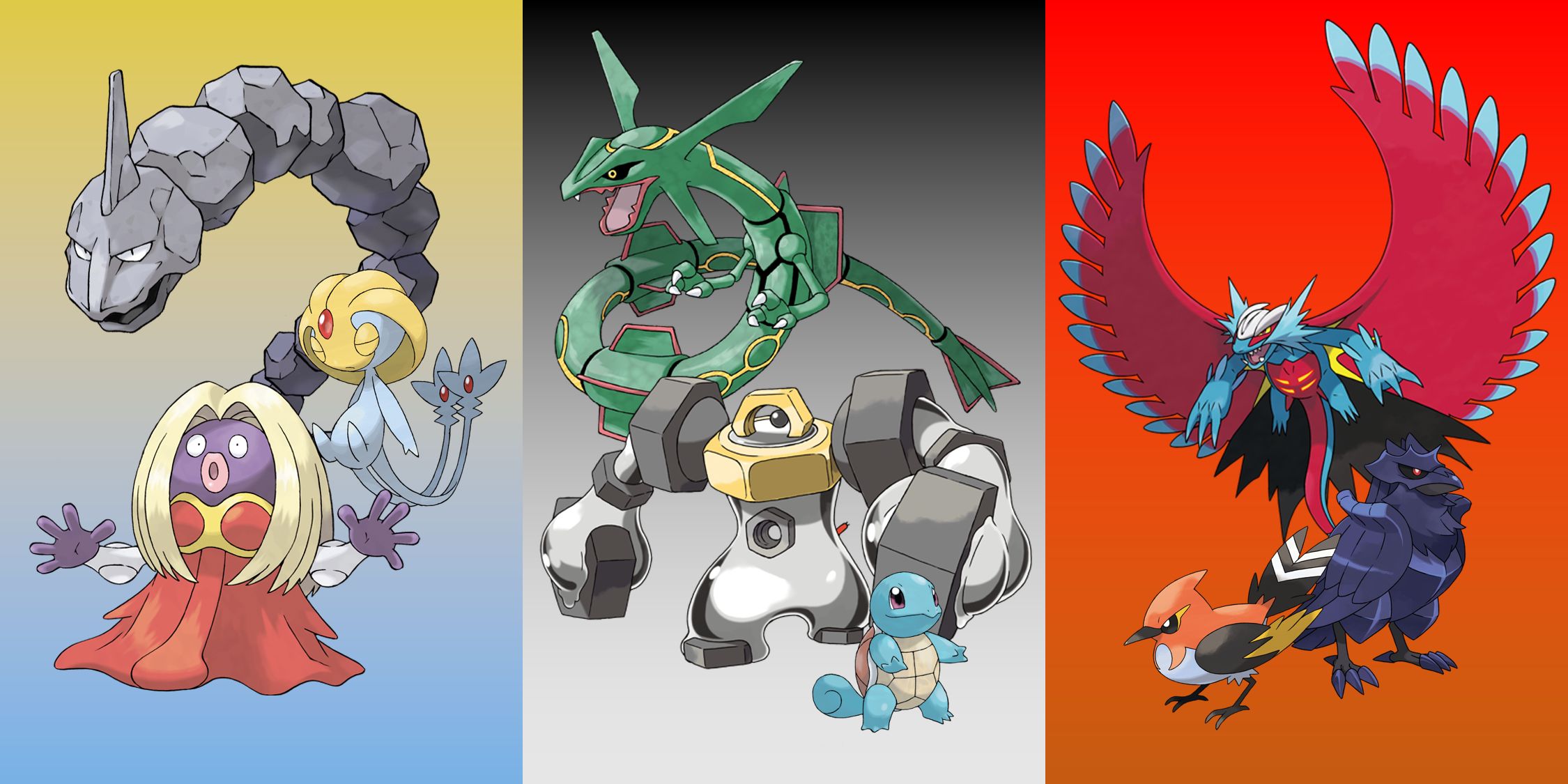 shortest and longest names pokemon; onix uxie jynx; rayquaza melmetal squirtle; roaring moon fletchinder corviknight