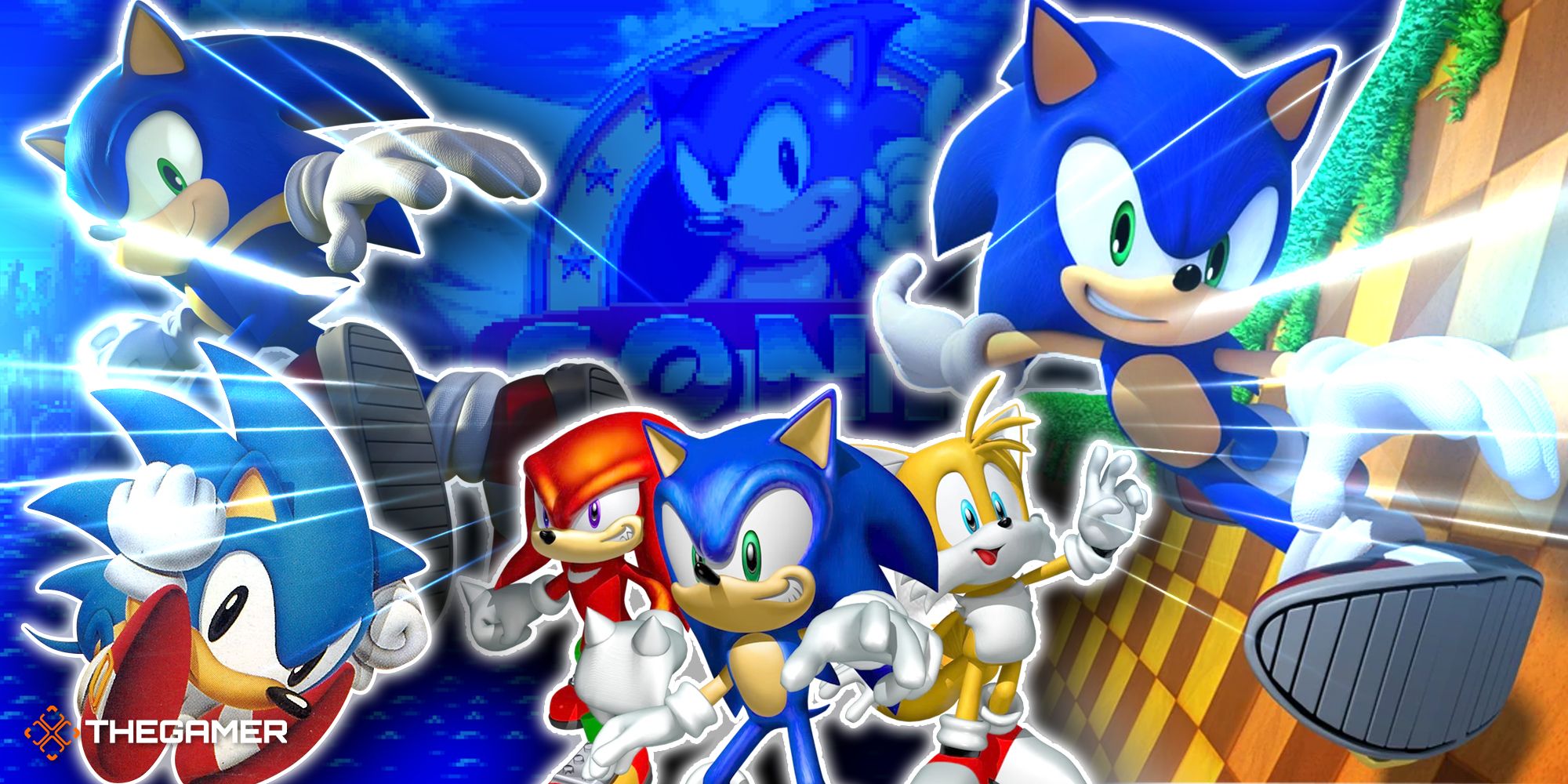 Game art from Sonic The Hedgehog, Sonic Heroes, Sonic Lost World and Sonic Frontiers.