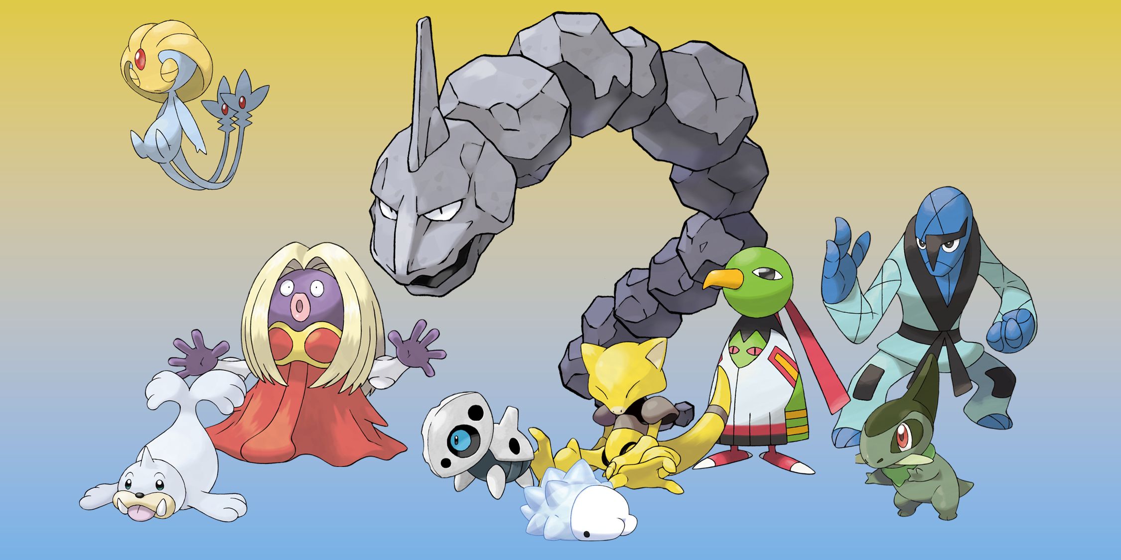 Pokemon with four-letter names: Onyx, Jinx, Yuxie, Zatu, Abra, Aron, Seal, Axeu, Salk, and Snom