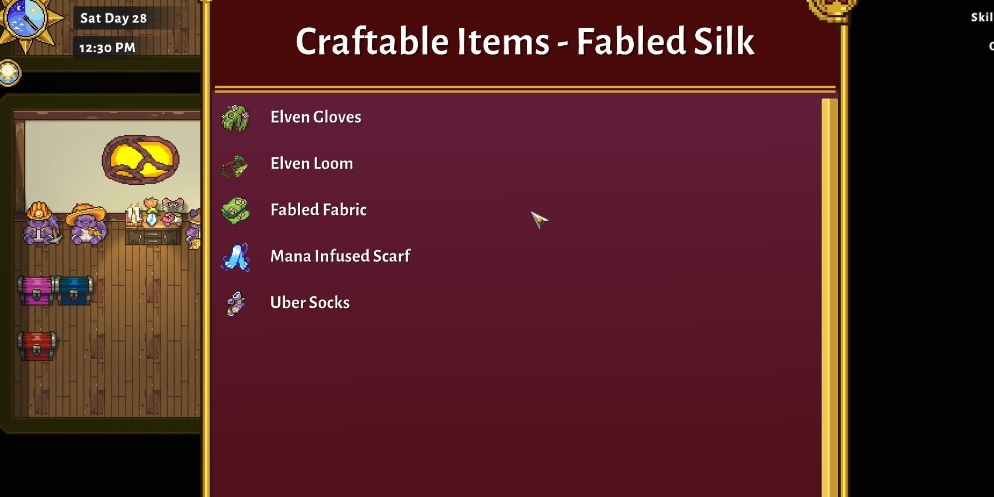 The Crafting Recipes menu shows what items can be crafted from the Legendary Silk of Sunhaven.