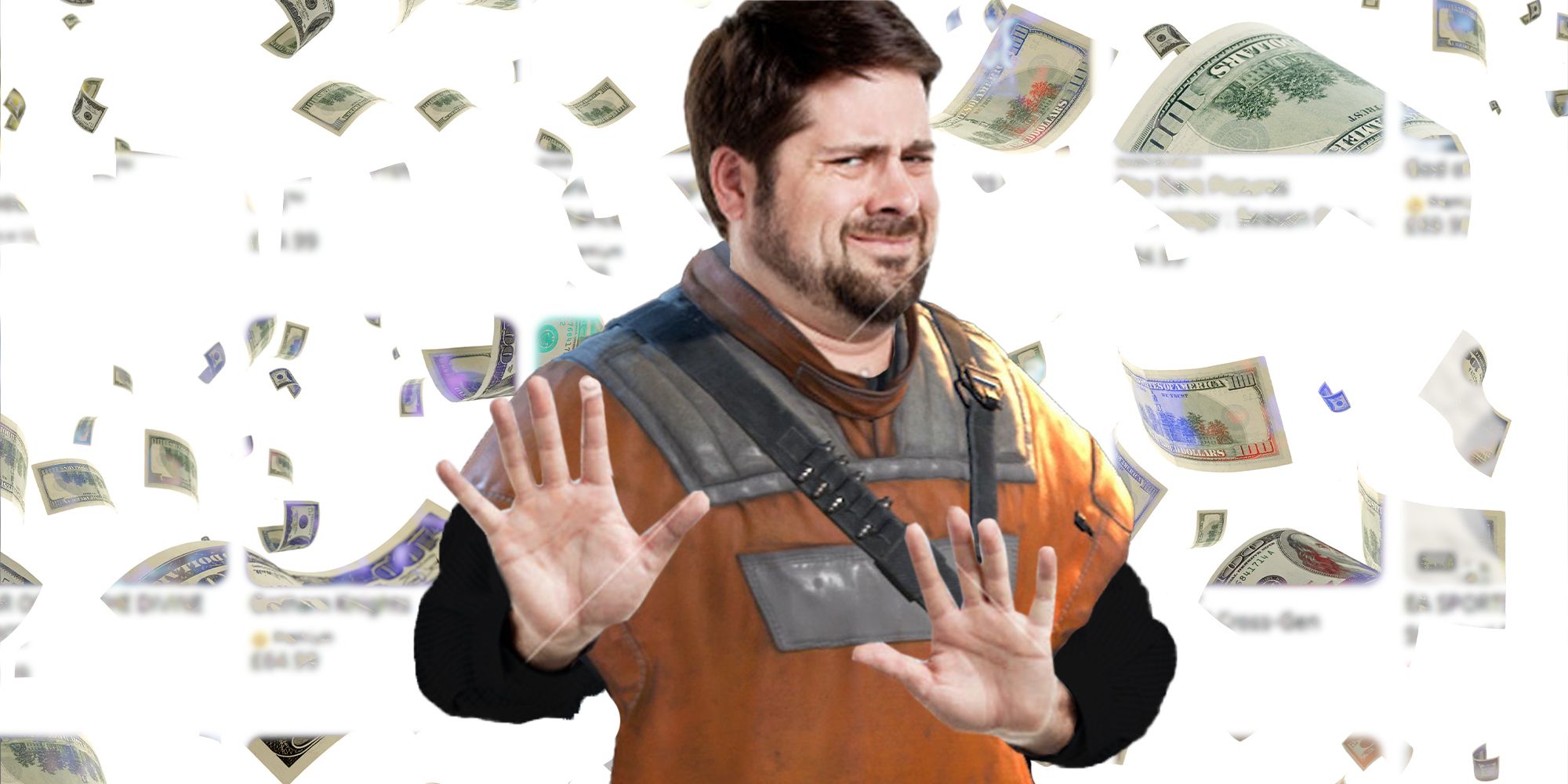 Dismissive guy meme in Cal Kestis' costume with money in the background