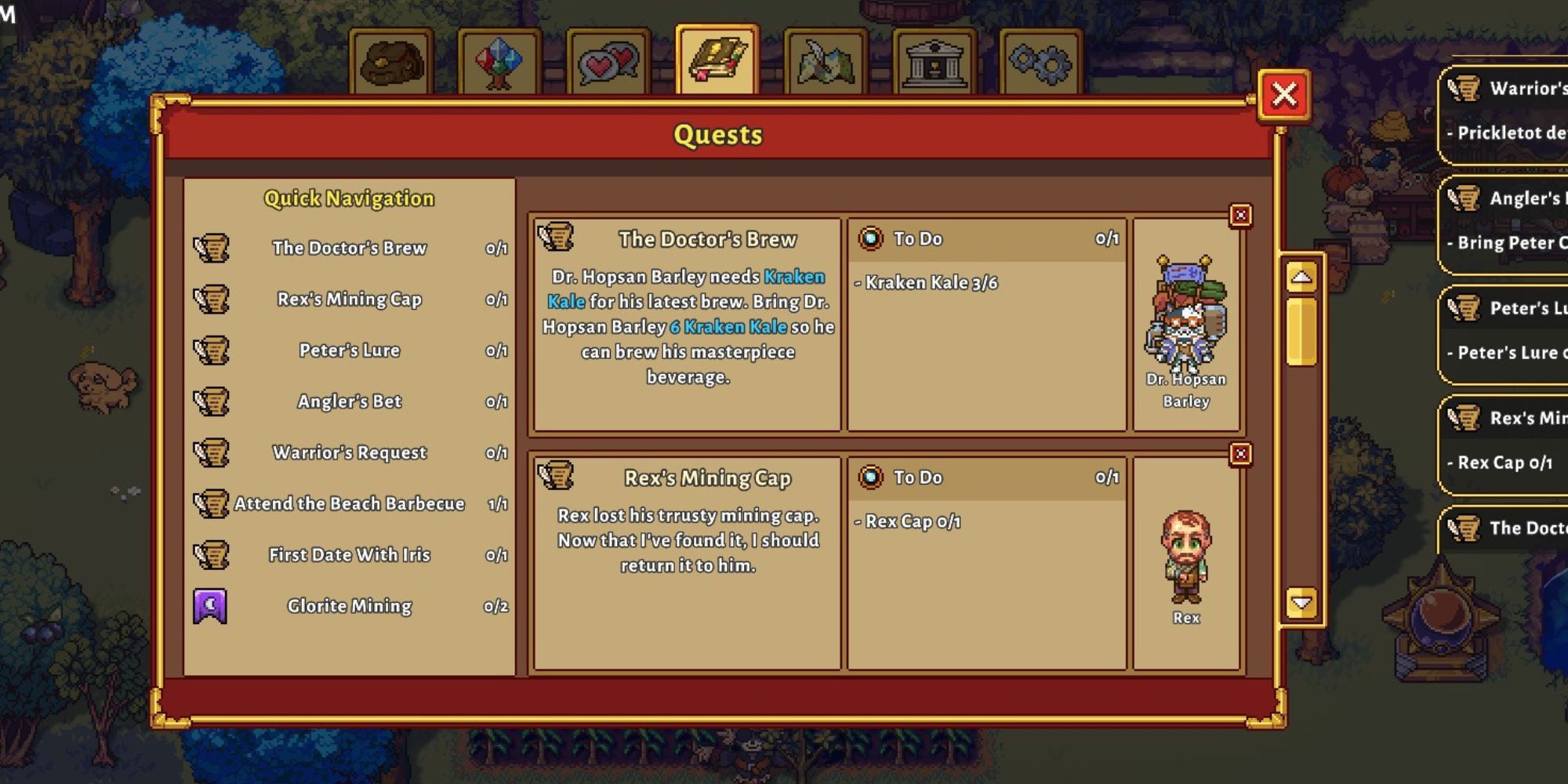 Quest menu showing quick navigation and quests 