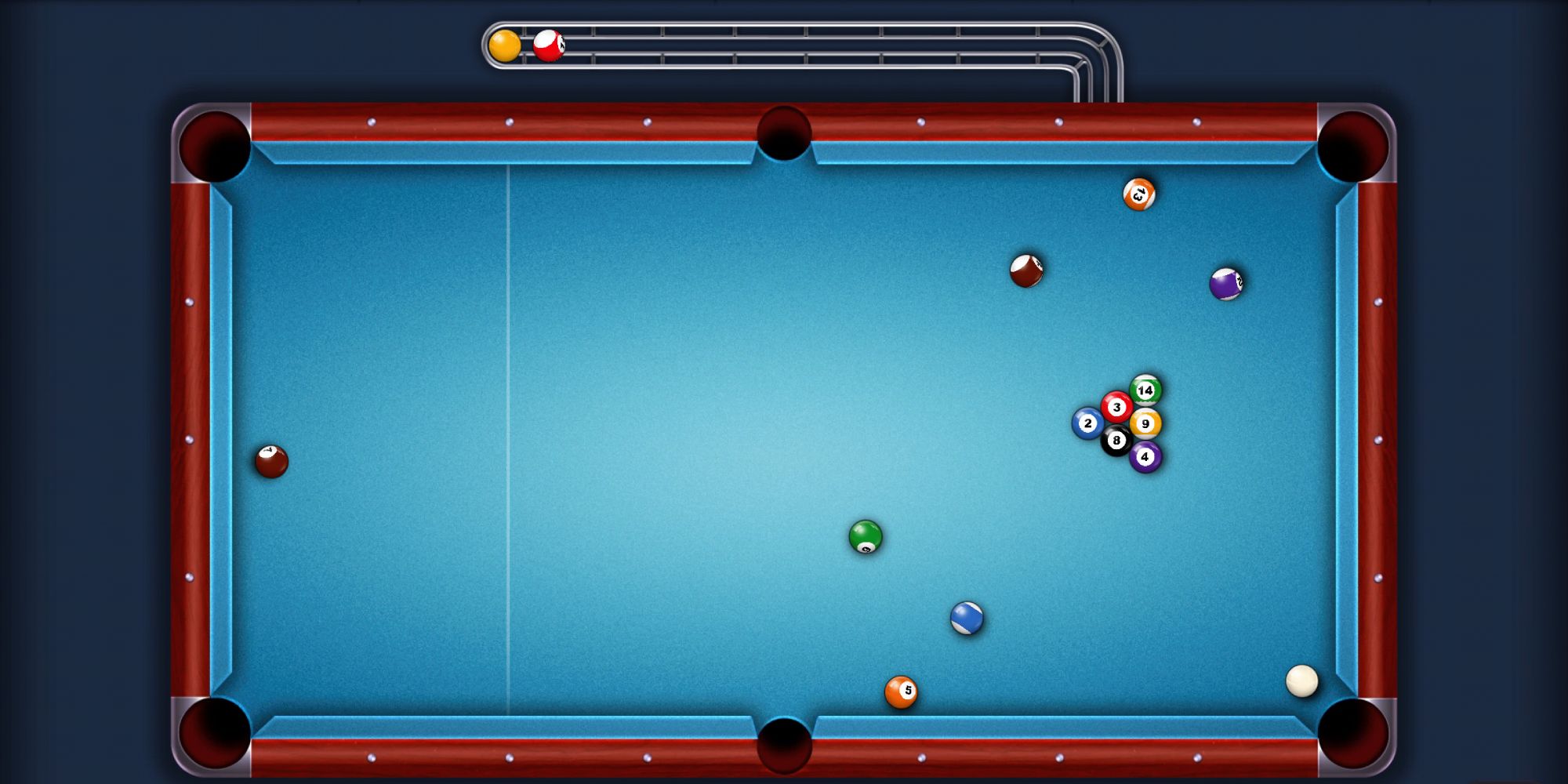 8 Ball Pool game with balls scattered all across the table 