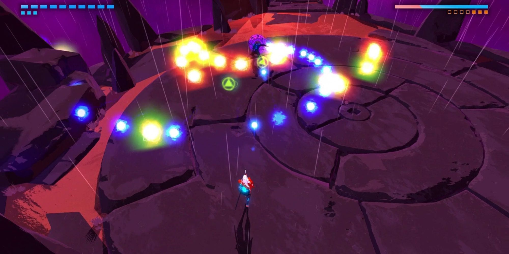 A number of projectiles approach the main character in Furi 