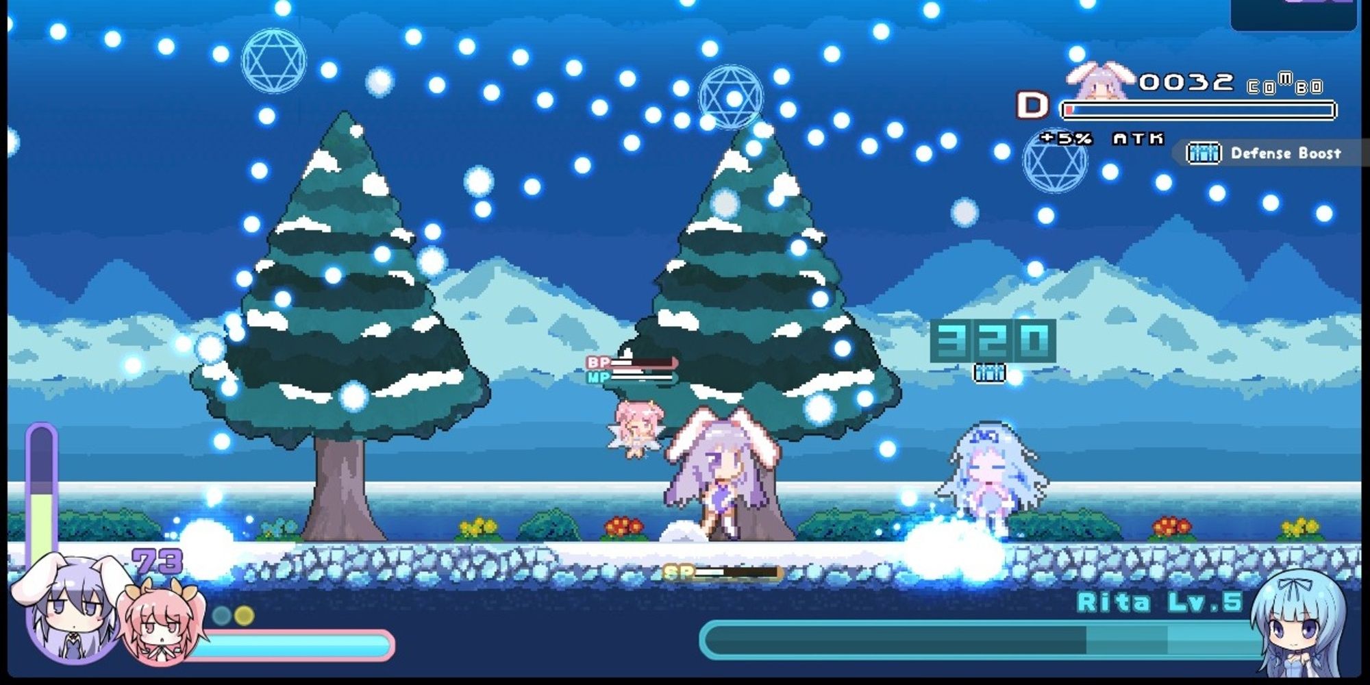 A number of projectiles around two trees in Rabi-Ribi