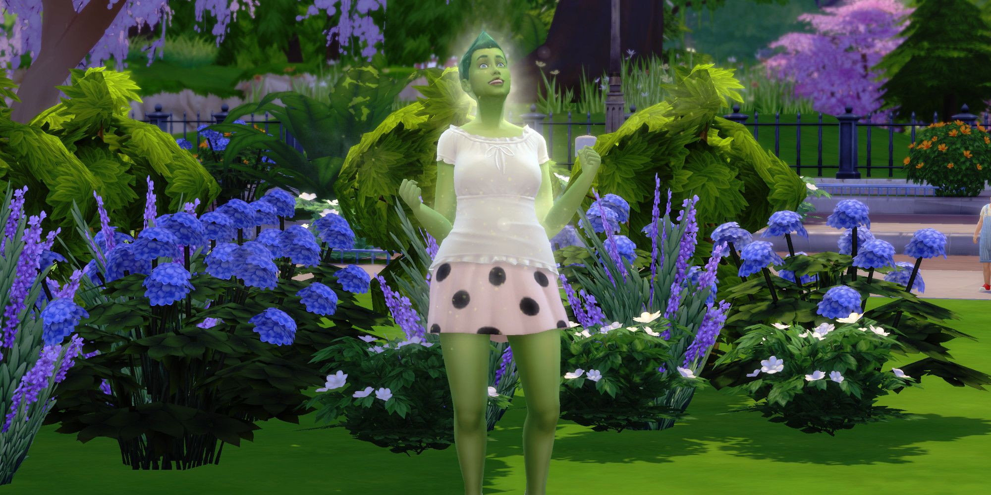A plant simulator from The Sims 4 happily basks in the sun