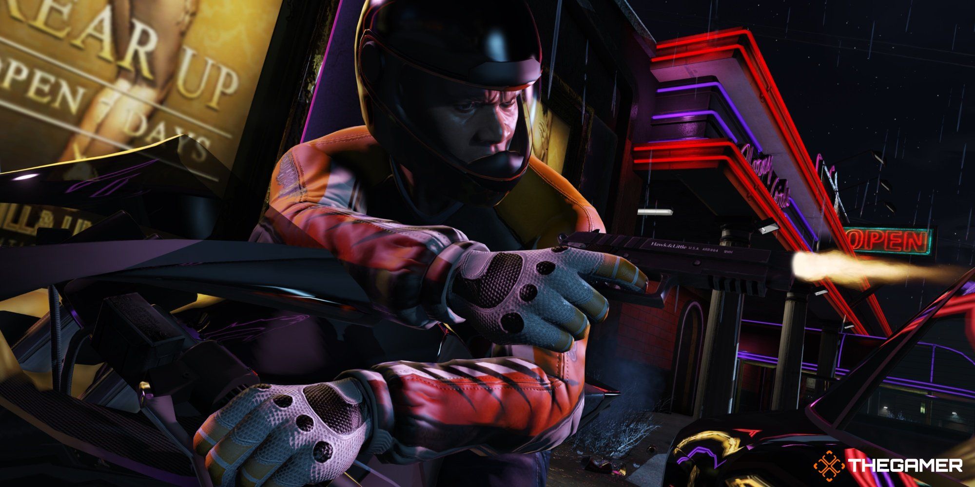 A screencap of a GTA 5 character shooting a gun on a motorcycle